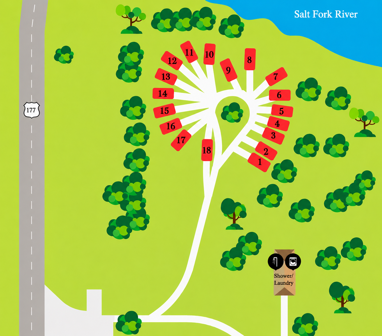 Rivershire RV Resort campground map — site layout along the Salt Fork River